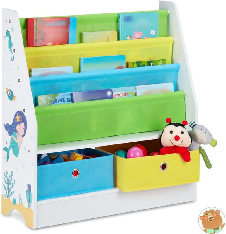 Relaxdays Kinderregal Meermotiv mit 2 Boxen und 3 Fächern zur Spielzeug- und Bücheraufbewahrung, Bunt, H x B x T: 74 x 71 x 23 cm - Bild 1