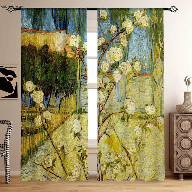 Yiran Furniture Vorhang mit klassischem Ölgemälde-Motiv im 3D-Druck, 2er-Set aus Polyester, halbtransparent, Mehrfarbig, Breite: 75 cm, Höhe: 166 cm - Bild 1