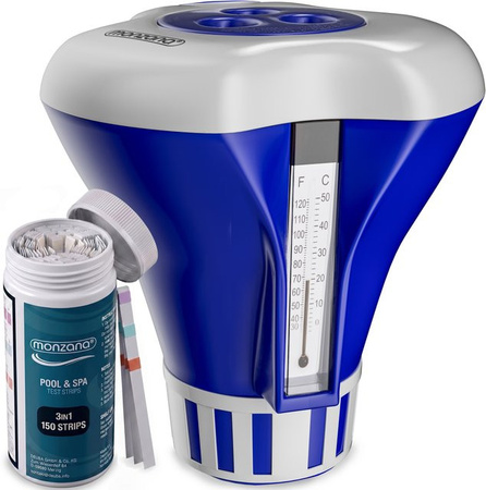 MONZANA Dosierschwimmer für Pools und Planschbecken inklusive 150 3in1 Teststreifen, UV-resistent mit Thermometer zur Messung von Chlor, pH-Wert, Alkalinität und Temperatur