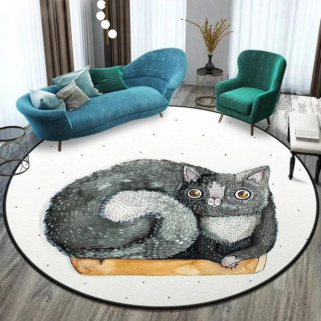 Runder Katzen Teppich Karpetti in Weiß, rutschfeste und waschbare Kinder Krabbelmatte aus Polyester, Durchmesser: 90 cm - Bild 1