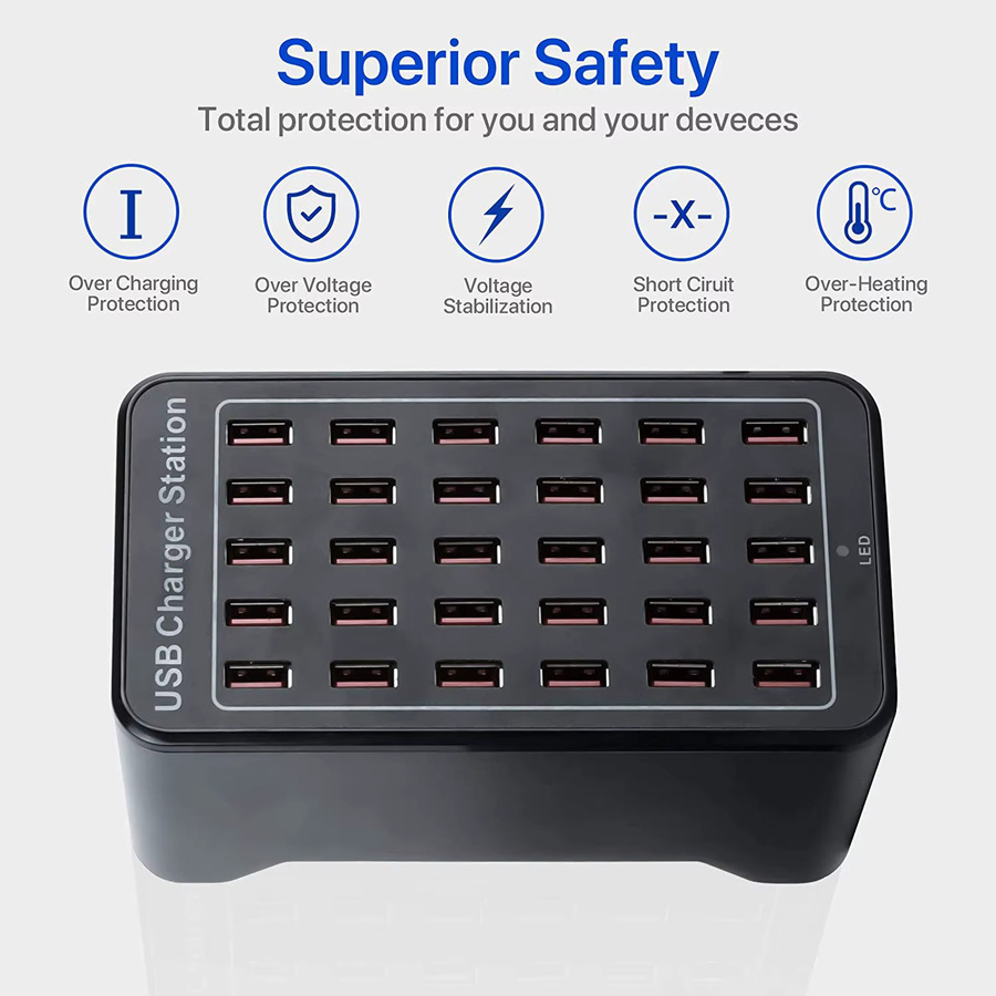 150W USB-Schnellladestation mit 15 25 oder 30 Ports für Wand und Tisch, USB-A und USB-C, Schwarz - Bild 2