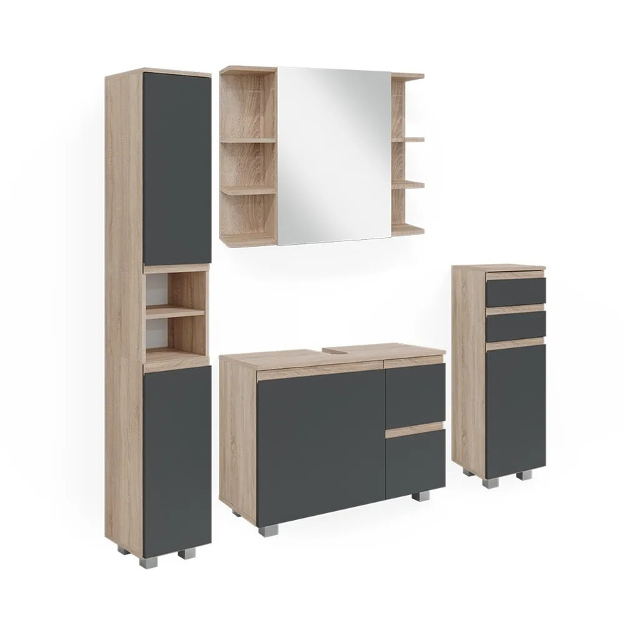 Vicco Badmöbelset J-Shape in Sonoma Eiche und Anthrazit, 4-teiliges modernes Badezimmer-Set mit Waschtischunterschrank, Spiegelschrank, Midischrank und Hochschrank - Bild 3