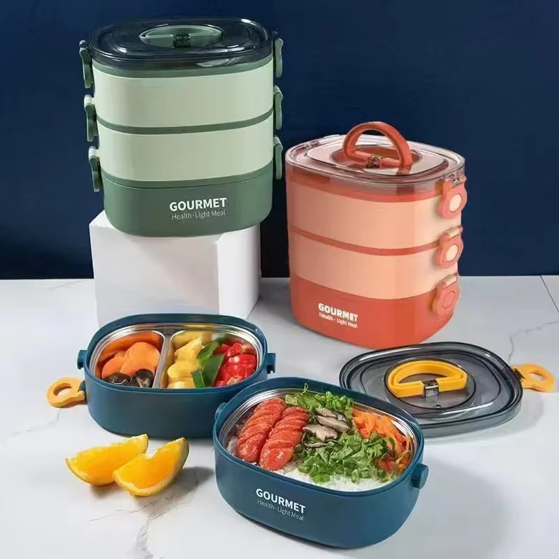 JUSTINLAU Isolierte Edelstahl Bento-Box in Rot, 3-lagige stapelbare Lunchbox, mikrowellengeeignet mit Griff - Bild 3
