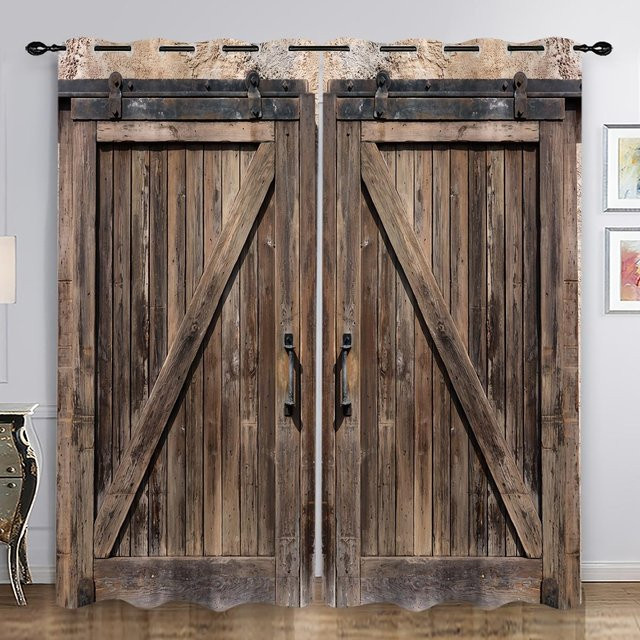 2er-Set Dekorationsvorhänge mit Vintage Holztür 3D-Muster in Braun, halbtransparent mit Schlaufenaufhängung, Breite: 50 cm, Höhe: 140 cm - Bild 1