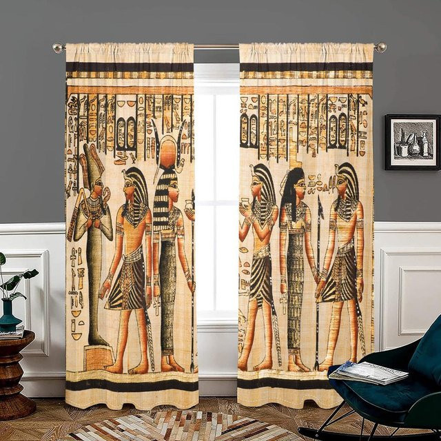 2er-Set Vorhänge mit altägyptischen Wandmalereifiguren im Retro-Design, weiß/beige, halbtransparent, B: 150 cm, H: 166 cm - Bild 1