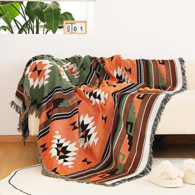 Bohemian gewebte Decke in Orange mit Quasten, dekorativer Boho Überwurf für Schlafsofa und Picknick, B/B: 160 x 220 cm - Bild 1