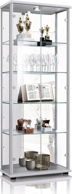 K-Möbel Glas Vitrinenschrank 2-Türig in Silber mit LED-Beleuchtung, Spiegel und Schloss, H x B x T: 176 x 67 x 33 cm - Bild 1