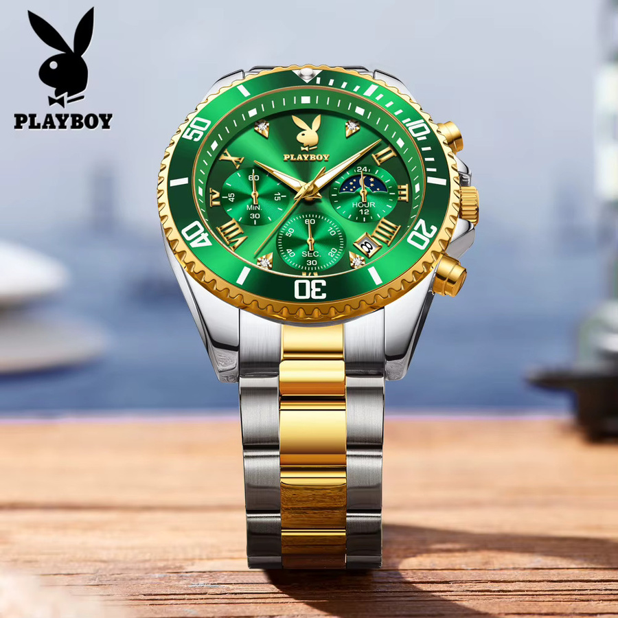 PLAYBOY Herren-Chronograph, Quarz, Edelstahl, Grün, Gold, Herren - Bild 2