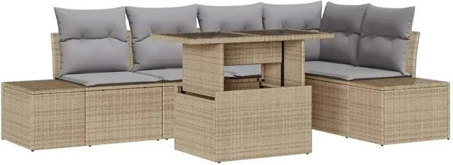 vidaXL Garten-Sofa-Set 6-teilig aus Poly-Rattan in Beige mit Kissen und Tisch in U-Form - Bild 1
