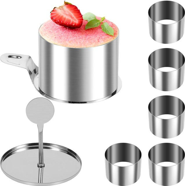 Willstar 6er Set Edelstahl Kuchenringformen in Silber, runde Dessert-Mousse-Backformen und Gebäckringe mit Drücker und Heber - Bild 1