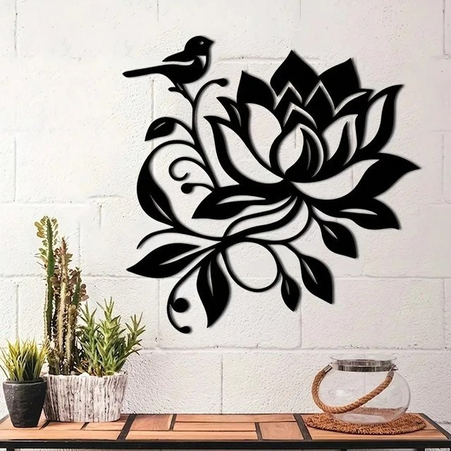 CIFBUY Moderne Wandkunst aus Metall in Schwarz-Weiß mit Lotus- und Vogel-Motiven - Bild 1