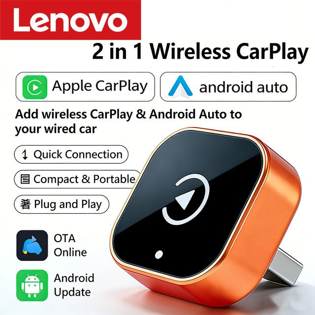 Lenovo Wireless CarPlay und Android Auto 2in1 Adapter Smart Mini Box mit 5.8G WiFi Schnellverbindung in Orange - Bild 1