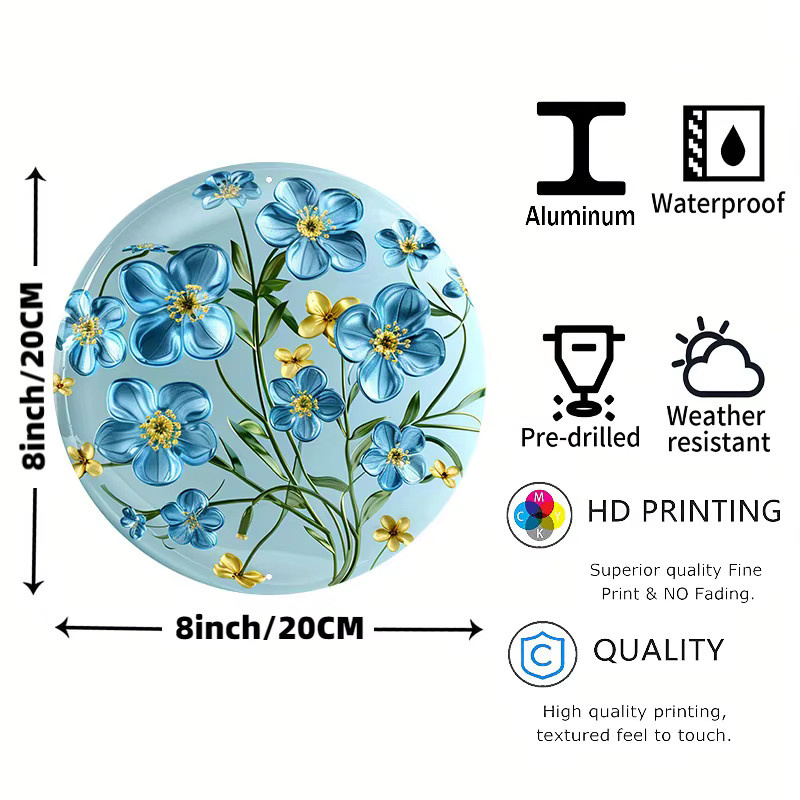 Rundes Aluminium-Metallschild Potdemiel mit blauen Vergissmeinnicht und gelbem Wellen-Design, Durchmesser: 20,32 cm - Bild 2