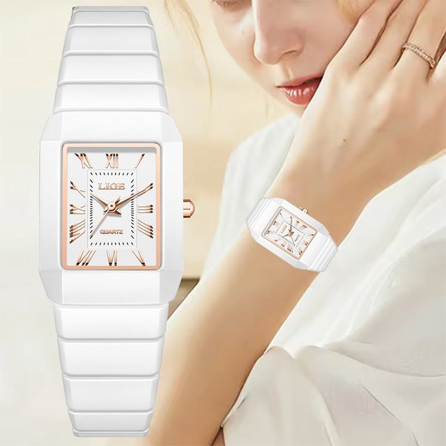 LIGE Armbanduhr, Quarz, Keramik, Eckig, Weiß, Damen - Bild 1