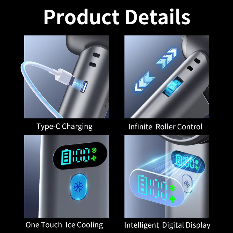 TENGKESi Tragbarer Mini-Handventilator mit Halbleiterkühlung, 5200 mAh Akku, LED-Anzeige und 100 Geschwindigkeiten in Grau - Bild 6