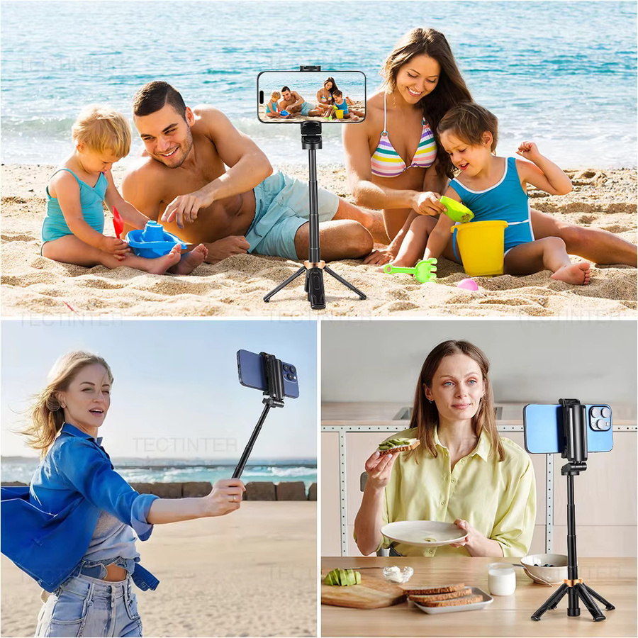 TECTINTER Faltbares Selfie-Stick-Stativ mit kabelloser Fernbedienung und Handyhalterung für iOS und Android, Schwarz - Bild 4