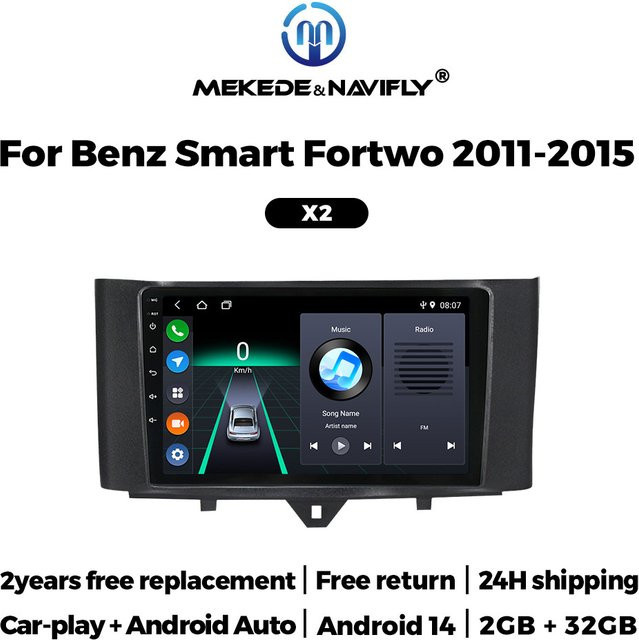 MEKEDE & NAVIFLY Android 14 Autoradio mit GPS und Carplay für Mercedes Benz und Smart Fortwo 451 (2011–2015), Multimedia MP5 Video Player, Schwarz - Bild 1