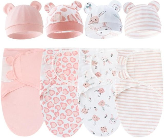 4er Set Baby Pucktücher und Wickeldecken mit Mütze als Anti-Strampeldecke für Kleinkinder von 0-12 Monaten in Beige und Pink von Dampfnudel - Bild 1