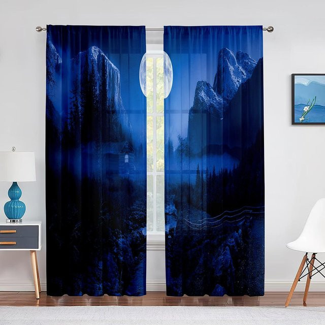 Transparente Chiffon-Vorhänge mit Nachthimmel-Motiv aus blauem Voile, Breite: 100 cm, Höhe: 250 cm - Bild 1