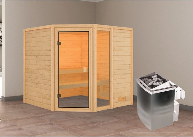 Karibu Massivholzsauna Tabea in Natur mit 9.0 kW Ofen und integrierter Steuerung, B/T/H: 196 x 196 x 187 cm - Bild 1