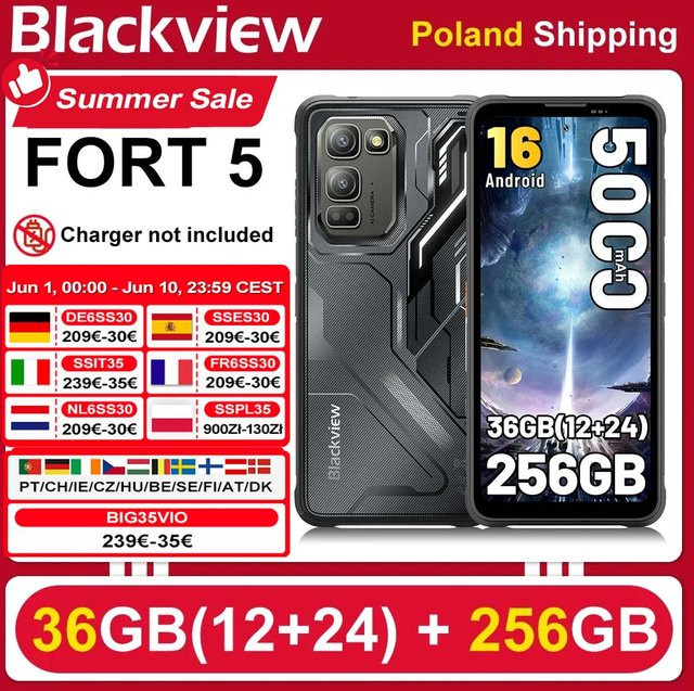 Blackview FORT 5 Robustes Smartphone in Schwarz mit 256 GB Speicher, 36 GB RAM (12+24 GB), 6.78 Zoll HD+ IPS Display und 5000 mAh Akku - Bild 1