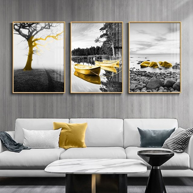 TPFLiving Luxus Poster Leinwand Set mit abstrakten gelben Booten auf grauem Hintergrund, 3er Set, B: 35 cm - Bild 1