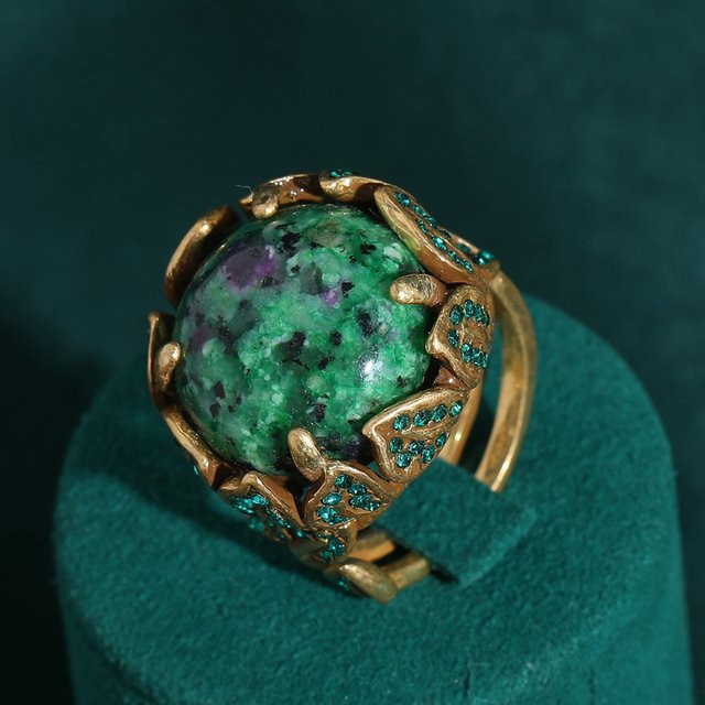 Icareu Ring, Naturstein, Moosgrün, Goldfarben, Strass-Blatt, Damen - Bild 1