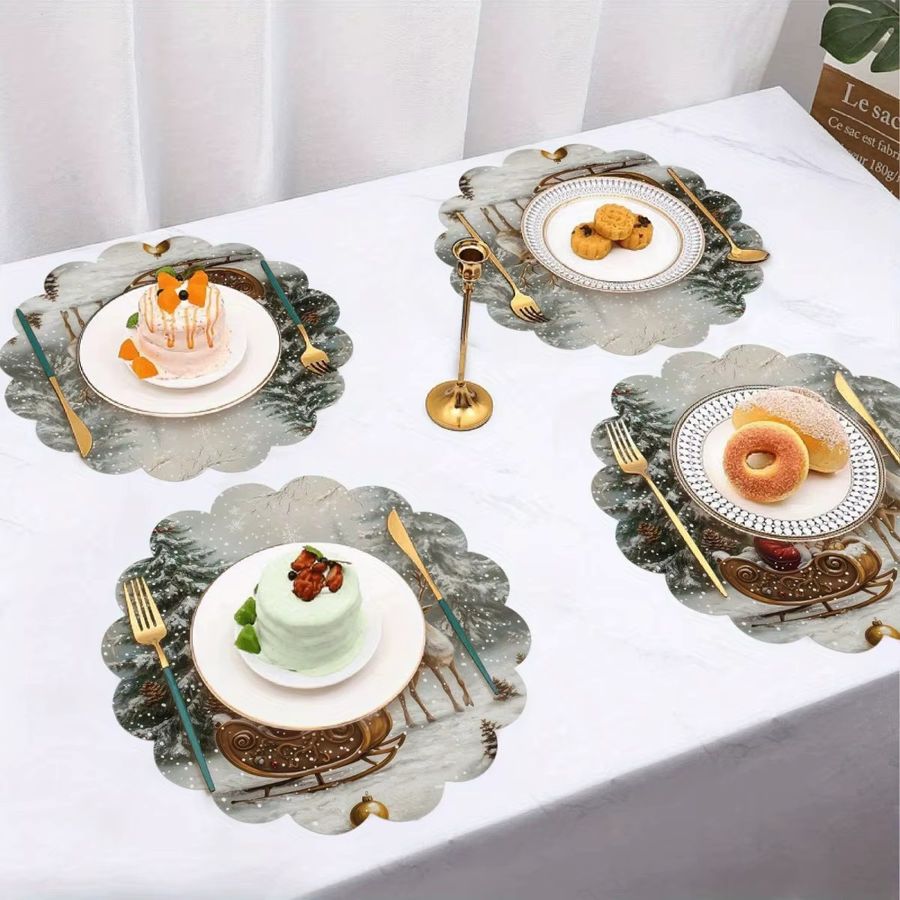 VIKAMA 4er Set Tischsets mit Weihnachtsmann, Schlitten und Rentier Motiven in runder Form für deine Weihnachtsdekoration - Bild 3