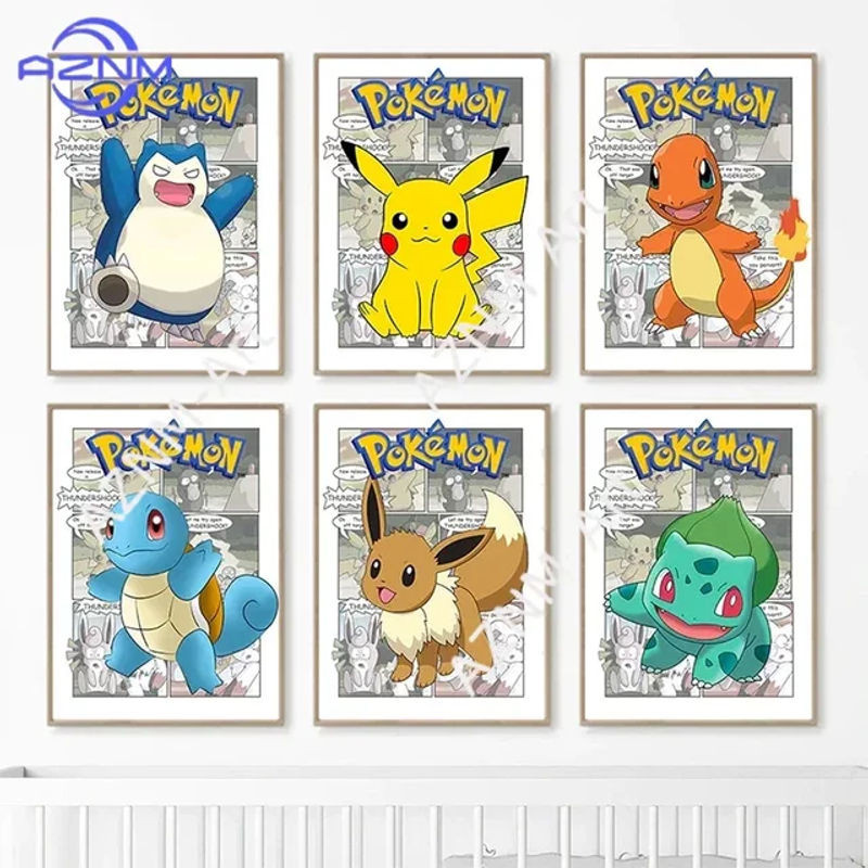 KAYOU Pokemon Retro Manga Wandkunst Poster-Set mit Pikachu, Charmander, Squirtle, Bulbasaur und Eevee in mehrfarbigem Design für deine Kinderzimmer-Dekoration - Bild 1