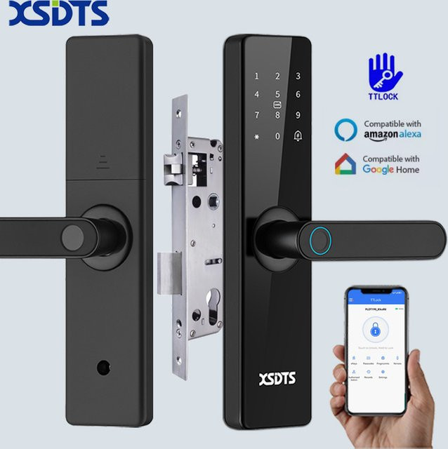 XSDTS Smart Lock Elektronisches Türschloss mit Fingerabdruck, Passwort und Bluetooth via TTLock App, kompatibel mit Google Home und Alexa, Farbe: Schwarz - Bild 1