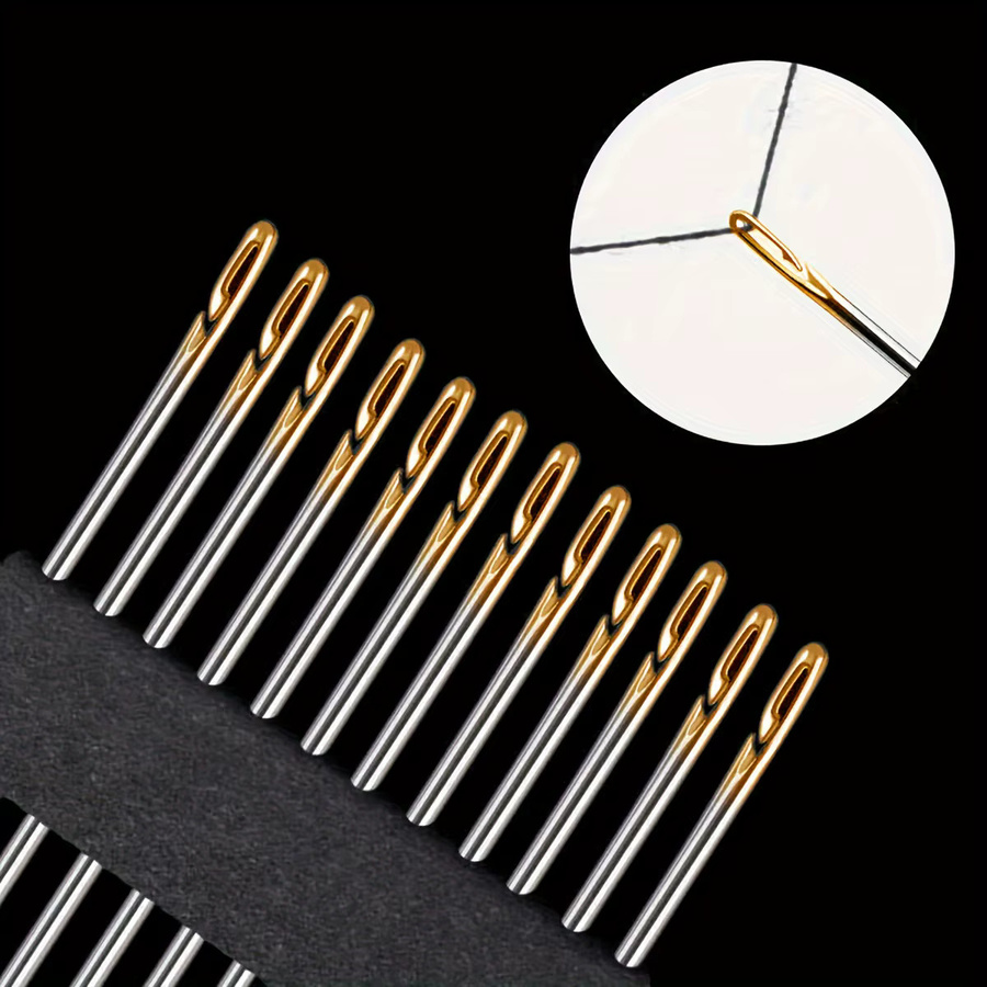 Blindnadel mit goldenem Kopf und seitlich hängendem Faden, Handnähnadel mit großem Auge für Senioren, metallisches Handnähwerkzeug in Gold - Bild 3