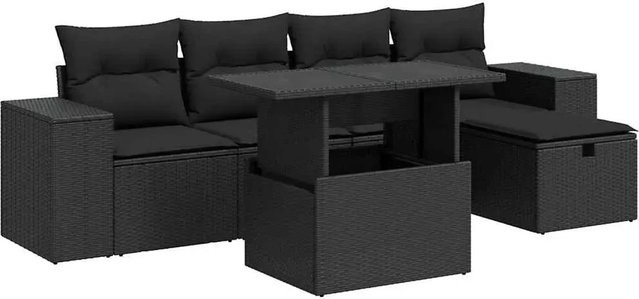 vidaXL 6-teiliges Garten-Sofagarnitur Set in L-Form aus Polyrattan mit Kissen in Schwarz - Bild 1