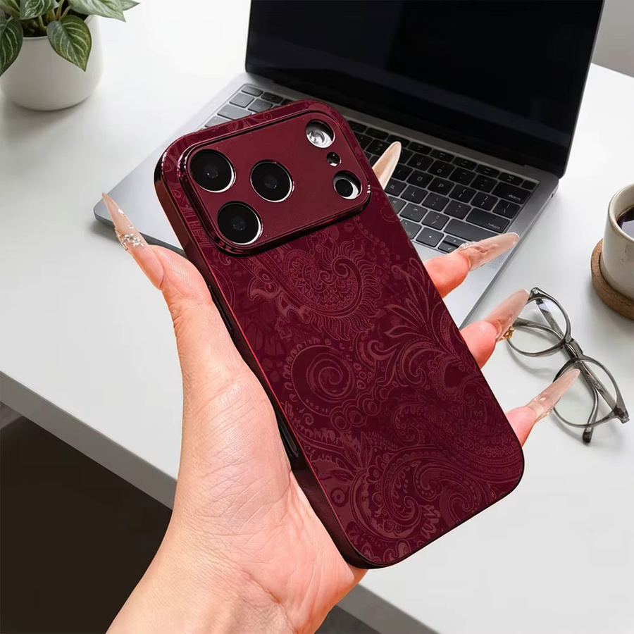 ECOCASE Handyhülle für iPhone 17 16 15 14 13 12 11 Pro Max 16E mit roter galvanisierter Glasschale im Burgunder Paisley Design - Bild 2