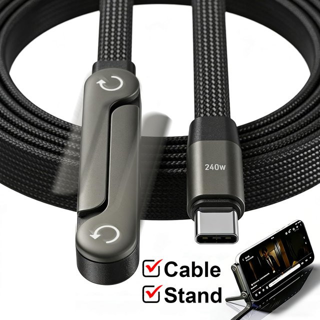 OIITH Typ-C zu Typ-C Ladekabel mit 240W und faltbarem Handyhalter in Schwarz und Orange - Bild 1