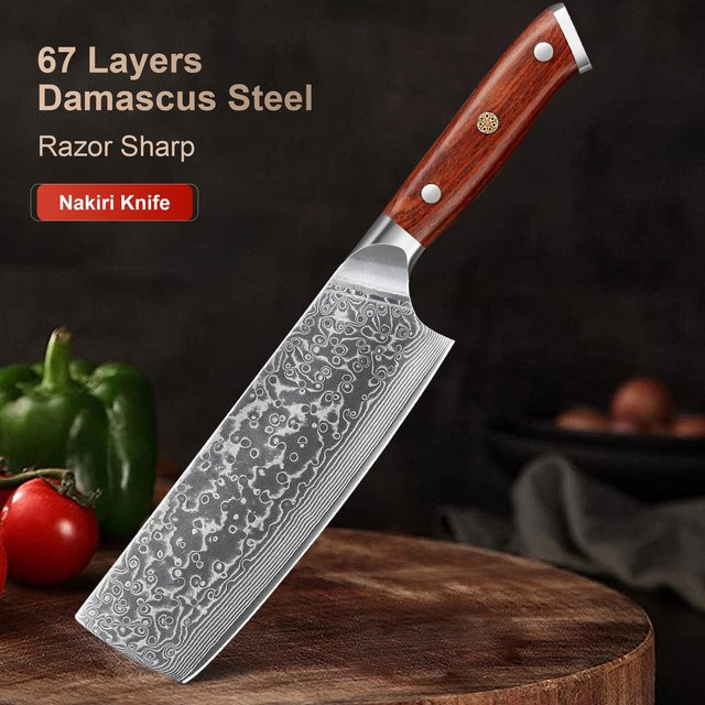 Baovim Professionelles Nakiri-Küchenmesser aus Damaszener Stahl mit Rosenholzgriff in Silber - Bild 1