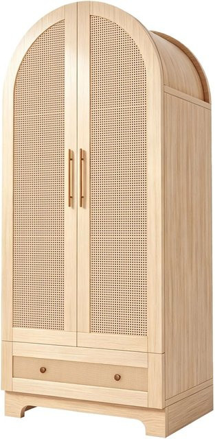 Merax Kleiderschrank im skandinavischen Design mit Rattan und integrierten Schubladen, Farbe Beige/Braun, B/T/H: 70 x 55 x 170 cm - Bild 1