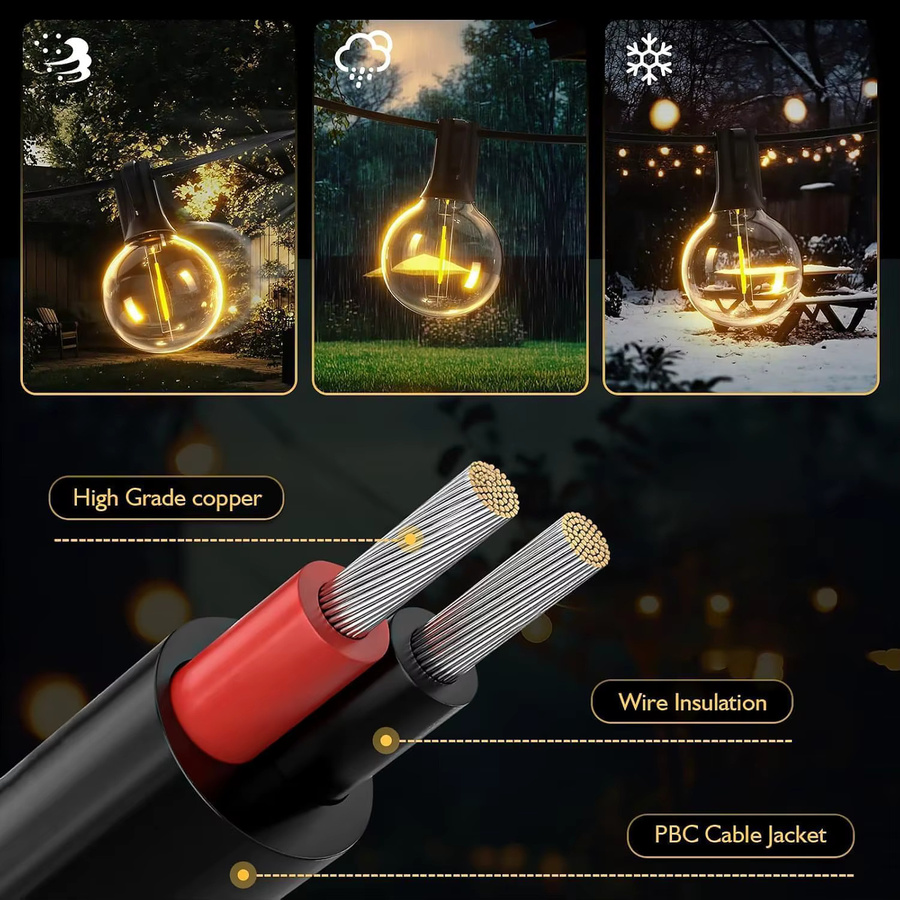 Aiopp G40 LED Außenbeleuchtung Set, wasserdichte und bruchsichere Globe-Glühbirnen in Warmweiß, verbindbare dekorative Lichterkette für Balkon, Terrasse und Veranda, Schwarz - Bild 2