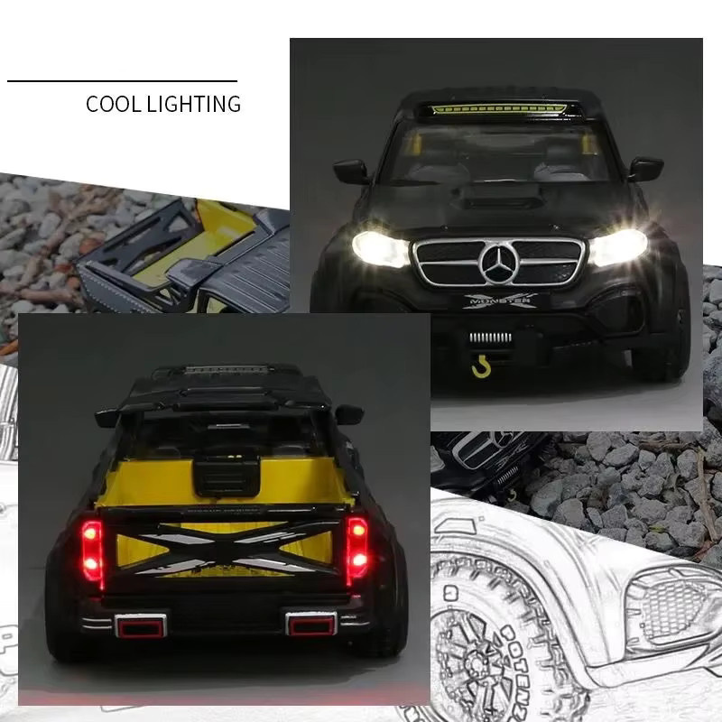 Benzs X-Klasse 6*6 Reifen-Legierungs-Pickup-Modell, Geländewagen-Modell, 1:28, Metall, mit simuliertem Sound und Licht, ab 3 Jahre - Bild 3