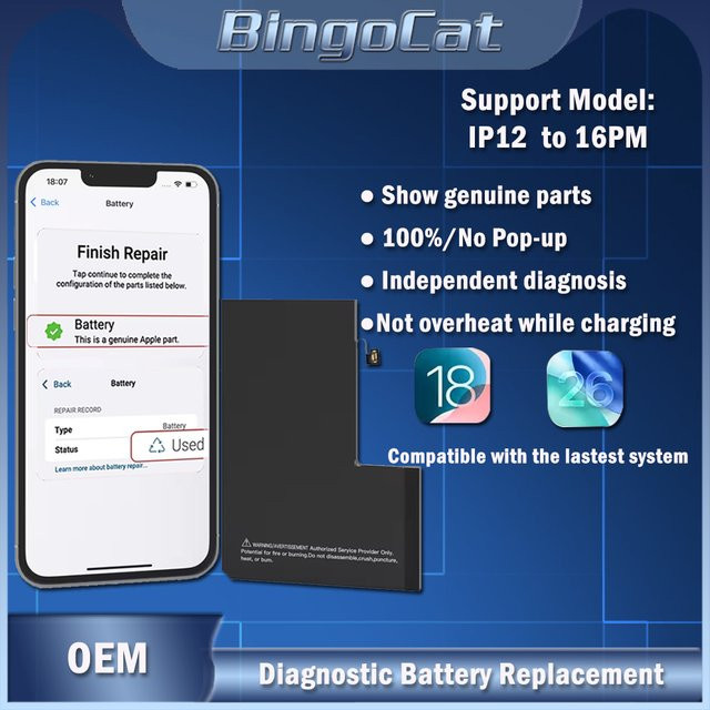 Diagnostischer Batterieersatz für iPhone 12 13 14 15 Mini Plus Pro Pro Max ohne Pop-up-Fehlermeldung kompatibel mit iOS 26.2 von Bingo Cat - Bild 1
