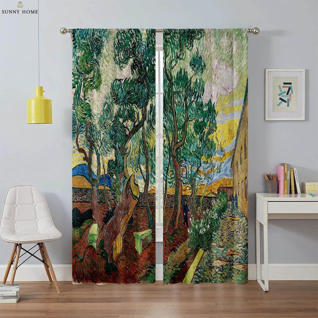Yiran Furniture Blumenlandschaft Ölgemälde Druckvorhänge, 2er-Set, Mehrfarbig, Polyester, halbtransparent, B: 50 cm, H: 140 cm - Bild 1