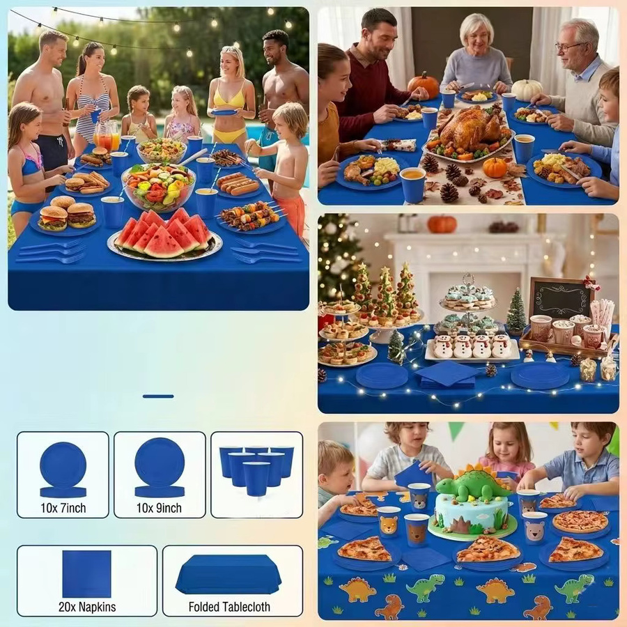 Blaues Einweg-Papiergeschirr-Set für Kindergeburtstage und Familienfeiern bestehend aus Tellern, Pappbechern und Tischdecken - Bild 2