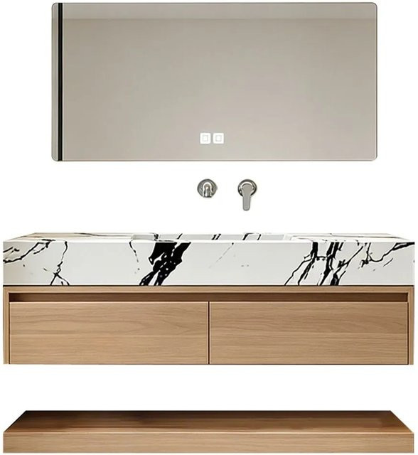 360Home Badmöbel Set in Weiß mit Sinterstein Waschbecken, Spiegelschrank mit LED-Beleuchtung und Anti-Beschlag-Funktion sowie Unterschrank und Seitenschrank, B/T/H: 120 x 55 x 85 cm - Bild 1