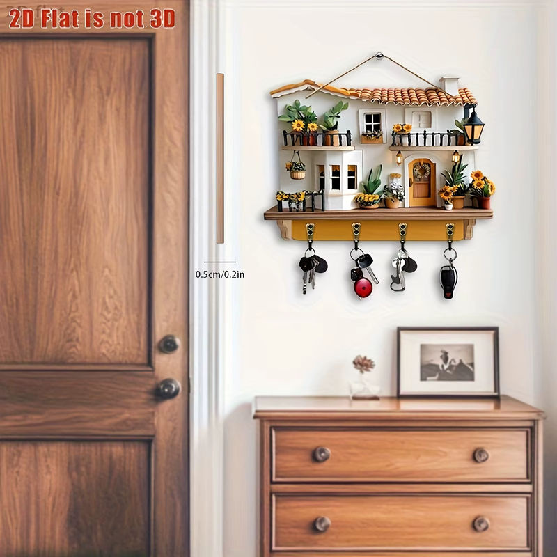 Multifunktionaler Wandkleiderhaken aus Holz mit floralem Design und vier Metallhaken in Mehrfarbig, Wanddekoration im Landhausstil - Bild 2