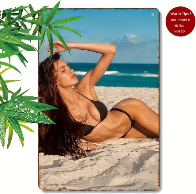 Vintage Wanddekoration aus Metall von CIFBUY mit Bikini-Mädchen am Strand, B/H: 20,3 x 30,5 cm - Bild 1