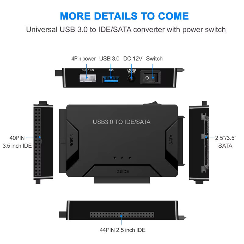 MZX USB 3.0 zu SATA IDE Konverter Adapter für 2,5 Zoll und 3,5 Zoll Festplatten, Schwarz - Bild 2