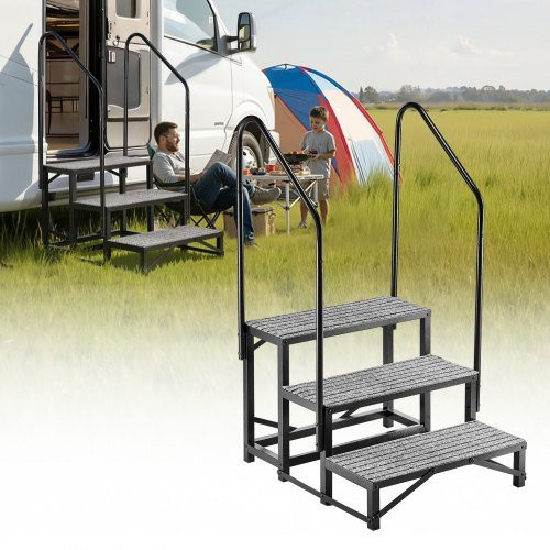 VEVOR RV Treppe mit Doppelhandlauf, 3 Stufen, Tragkraft 300 kg, robuste Outdoor Treppe mit rutschfester Matte für Wohnmobile, Camper und Spa, Farbe Schwarz - Bild 1