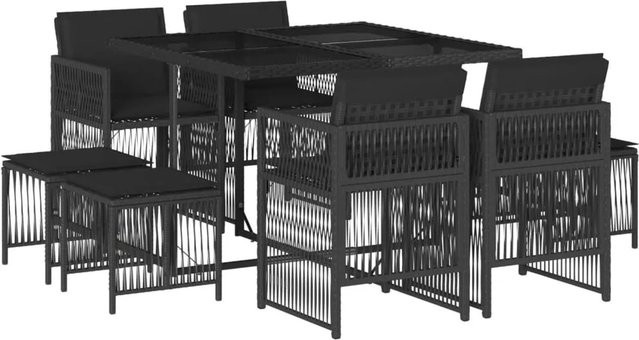 vidaXL 9-teilige Garten-Essgruppe aus Poly Rattan mit Kissen und Hartglas in Schwarz - Bild 1