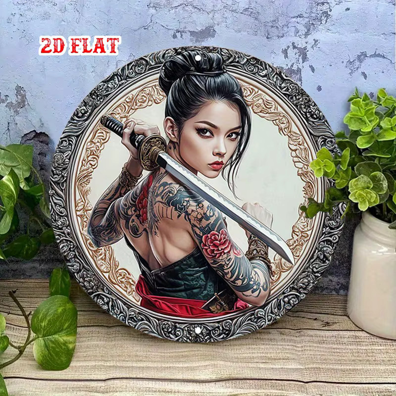 Potdemiel Rundes Aluminiumschild Kriegerin mit Schwert Metallwandkunst im Boho-Stil Durchmesser: 19,99 cm - Bild 3