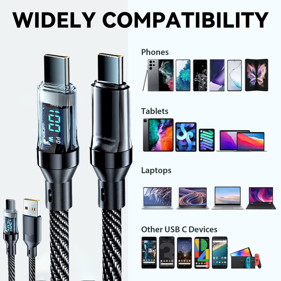 INEYES USB-C Schnelllade-Dual-Typ-C-Ladekabel mit LED-Digitalanzeige, 120 W, Schwarz - Bild 3