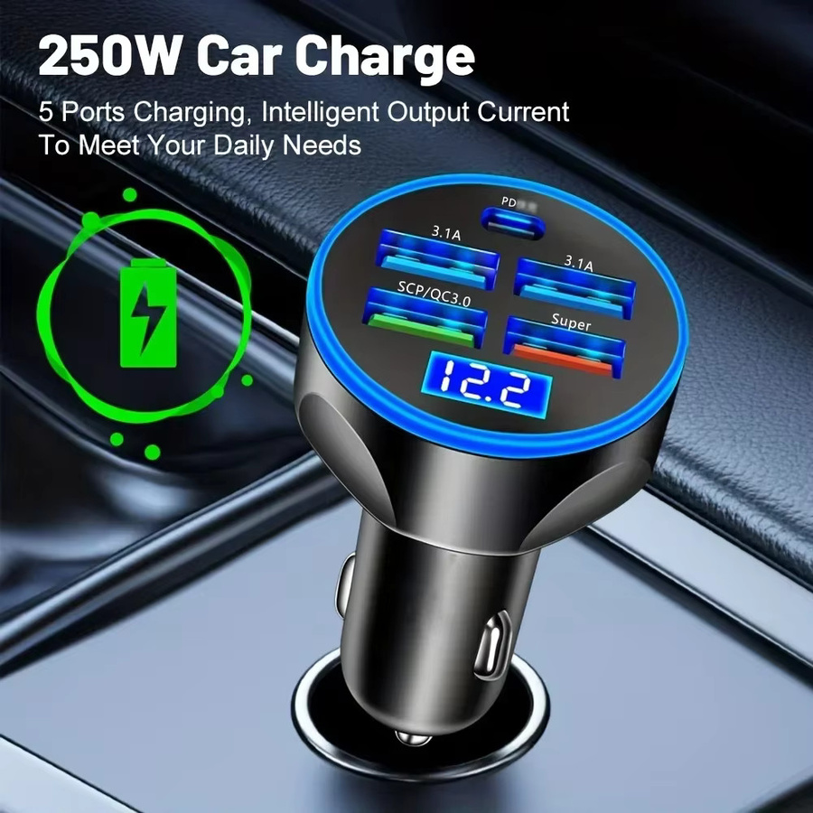 6-in-1 Autoladegerät mit 250 W PD und QC3.0 Schnellladung, 6-Port Zigarettenanzünder-Stecker mit Digitalanzeige, Schwarz - Bild 2